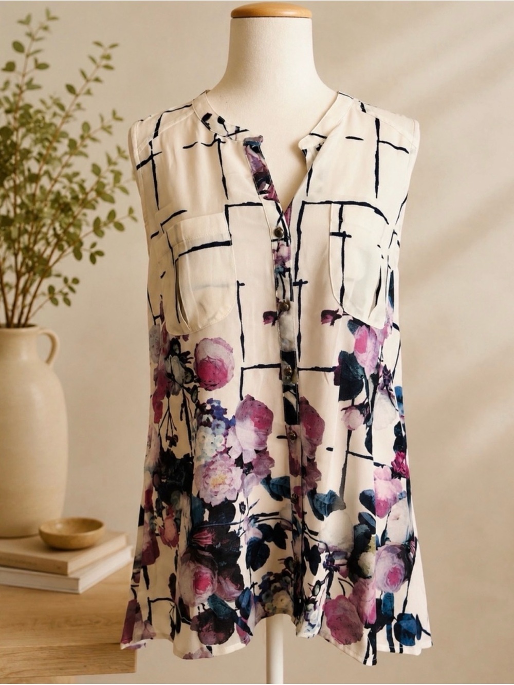 Aratta Cream Sleeveless Camisole with Pink & Blue Floral